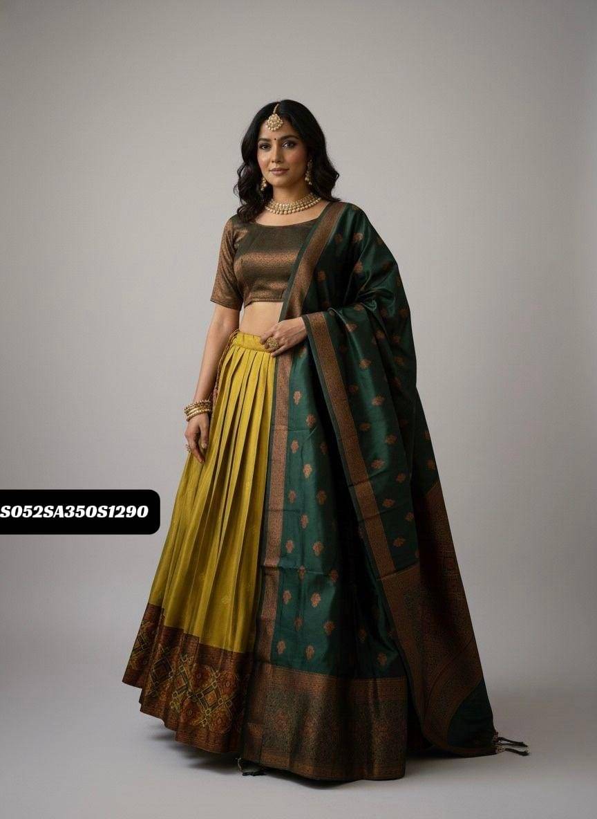 Yellow and Green Pongal Kanjivaram Pure Zari Half Saree Lehenga Set